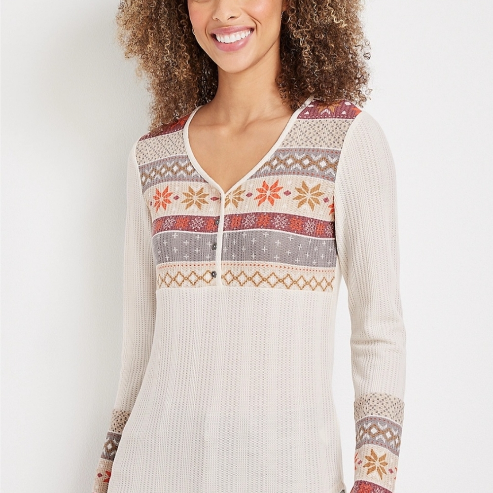 Womens Henley Fair Isle Tee. XL